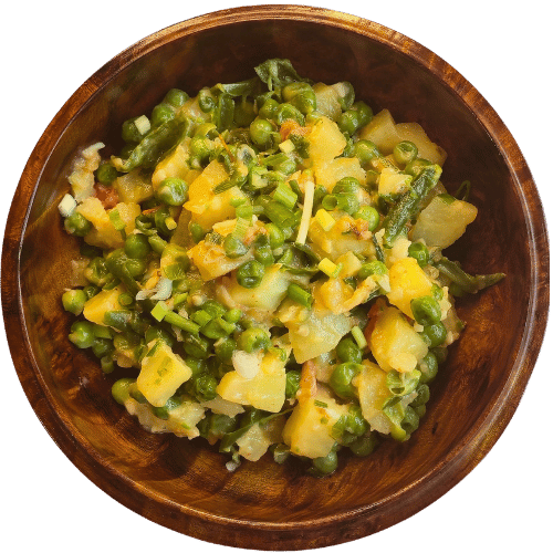 Kewa Baysem Datshi - Potato and green peas with cheese, onion and tomato - Bhutan Kitchen Bangkok