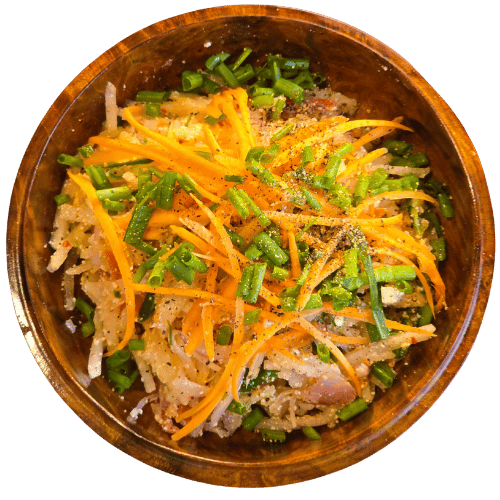 Laphu Hogay Bhutanese Radishturnip salad with cheese, coriander, chili, tomato - Bhutan Kitchen Menu